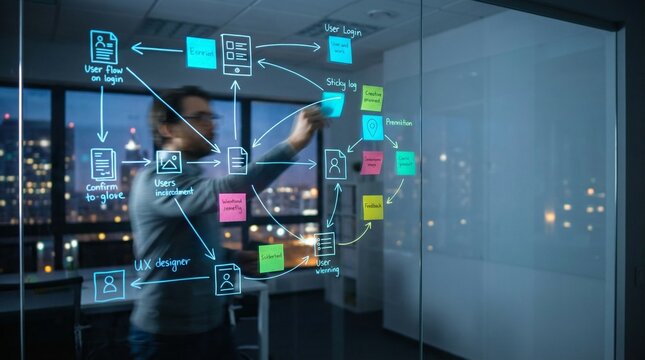 Developer planning a user interface workflow and user journey on a glass board