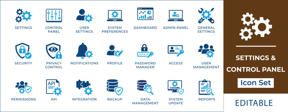 Settings and control panel icon set featuring system configuration, user management, API settings, dashboard control, security shield, database protection, and admin panel symbols.