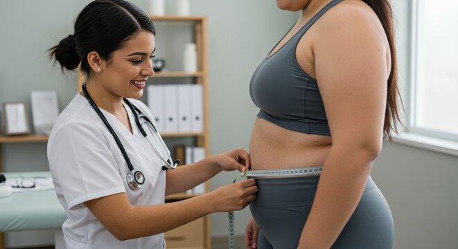 Doctor measuring patient waist circumference.