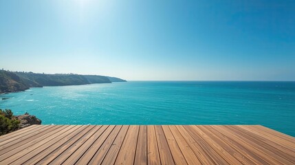 Fototapeta premium Summer 2026 travel cinematic turquoise ocean cliff horizon wooden terrace scenic luxury vacation destination landscape backdrop view