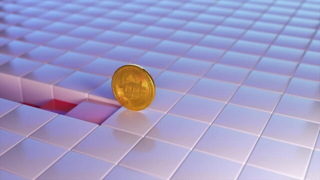 Golden bitcoin coin rolling across a reflective, grid-like surface made of cubes, approaching a gap where one block is missing, representing risk, loss, and the volatility of cryptocurrency