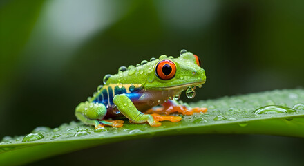 Obraz premium Vibrant Red-Eyed Tree Frog on Green Leaf with Water Droplets - Realistic Tropical Rainforest Wildlife Illustration
