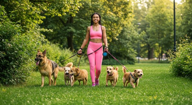 Woman walking multiple small dogs.