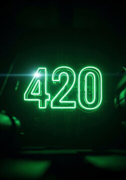 Bright green neon number 420 glowing intensely in a dark, mysterious environment with digital light effects and reflections.