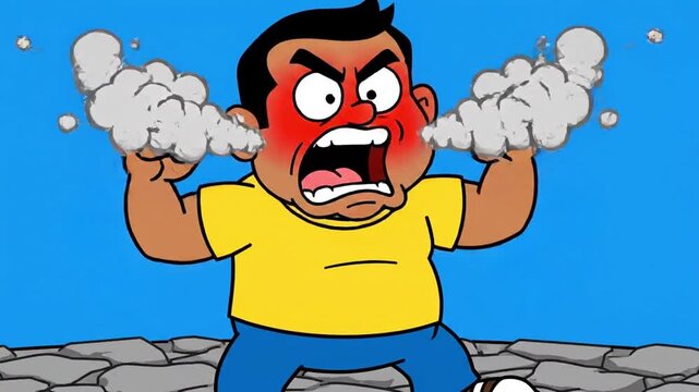 A cartoon-style animated scene of an angry man with a red face, clenched fists, and steam erupting from both ears as he stands on a rocky ground against a bright blue background.