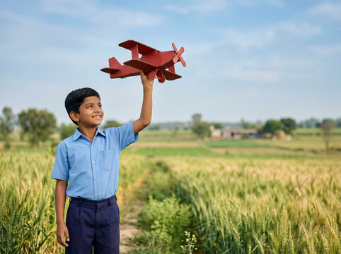indian school boy with toy airplane in rural field symbolizing education dreams and future career aspiration with clean copy space