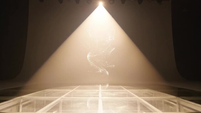 Spotlight illuminates a stage with floating particles and reflective floor