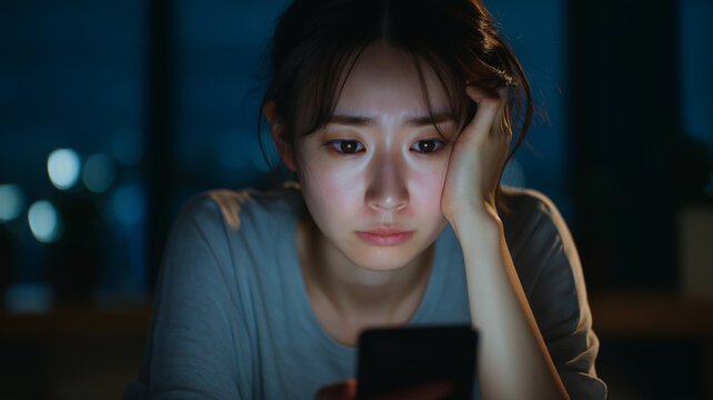 スマートフォンを見て強い不安を感じる日本人女性のクローズアップ