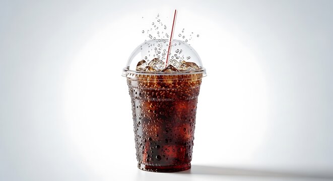 A refreshing iced purple berry beverage in a clear plastic cup with condensation and a metal straw. fountain cup