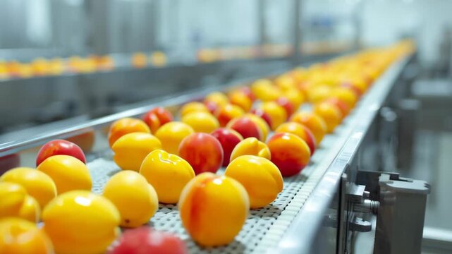 Fresh red yellow peaches moving along conveyor belt. Food processing plant, packaging facility. Apple sorting machine picking fruits. Automatic factory. Closeup. Hightech agriculture production line.