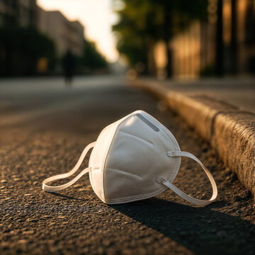 Schutzmaske auf Asphalt in leerer Stadtstra&szlig;e bei Sonnenuntergang