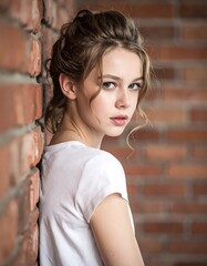 Naklejka premium Young woman with flowing hair leans against a brick wall