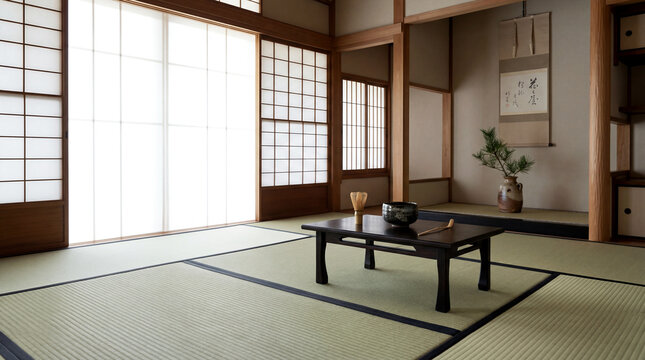 Traditional Japanese Tea House Interior with Tatami Floor and Shoji Screen with copy space on left