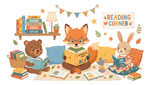 Cute animals reading books in a cozy reading corner, learning and imagination concept