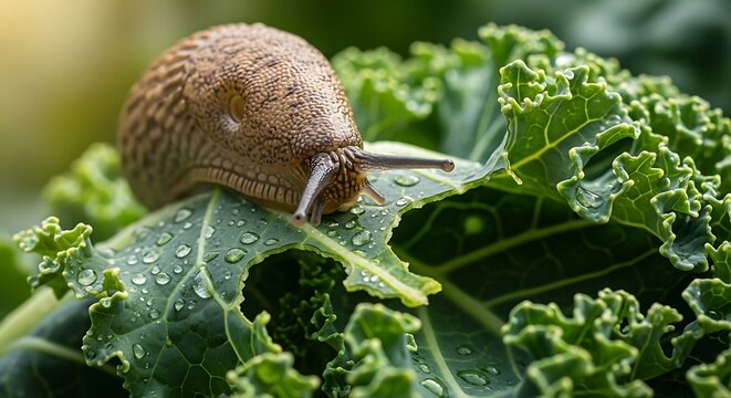 Snail Eating Kale Leaf Closeup.