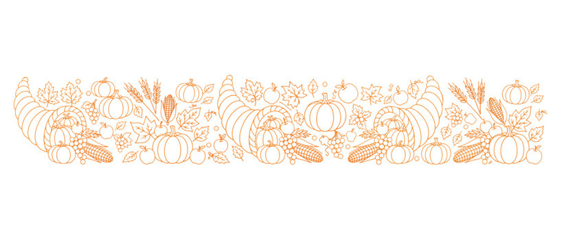 Autumn harvest cornucopia line art border. Thanksgiving horn of plenty with pumpkins and fruits. Orange outline vector illustration isolated on transparent background