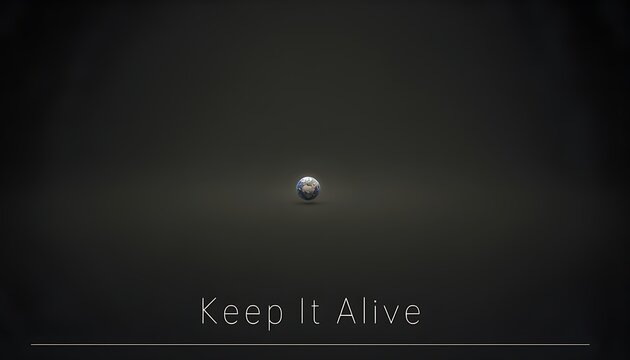 Minimalist dark background with a glowing metallic sphere and the text 'Keep It Alive' centered below it.