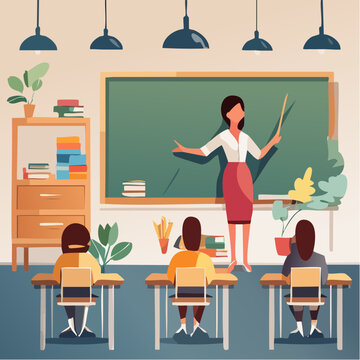 Salle de Classe G&eacute;om&eacute;trique avec Enseignant au Tableau et &Eacute;l&egrave;ves en Silhouette
