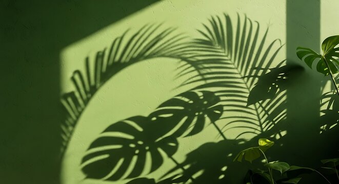Green shadows of leaves on a wall, natural light, aesthetic.