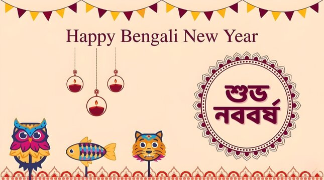 Bengali New Year Celebration Background with Traditional Halkhata Books, Tiger Masks, Fish Icon, and Festive Decorations on Cream Background