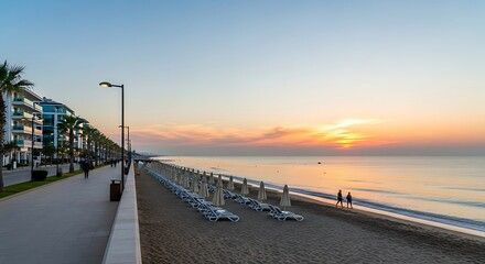Obraz premium Beachfront Promenade at Sunrise with Buildings and People.