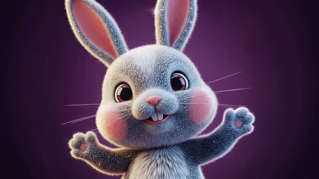 cute 3d bunny animation, fluffy rabbit with big eyes, smiling cgi character