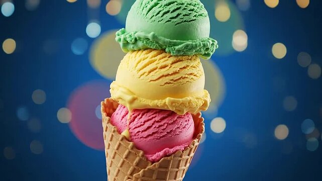 A delicious triple scoop ice cream cone against a colorful blurred background