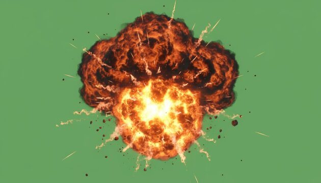 Explosive fireball bursts with intense orange and yellow flames. Dark smoke rises as sparks fly outward. Green background isolates the explosion for easy compositing. Ideal for action scenes