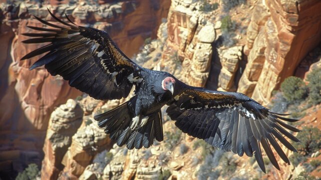 Large bird of prey soars with outstretched wings above a rocky canyon. Its feathers gleam under bright sunlight, showing dark and light patterns. The canyon walls are layered with red and orange hues
