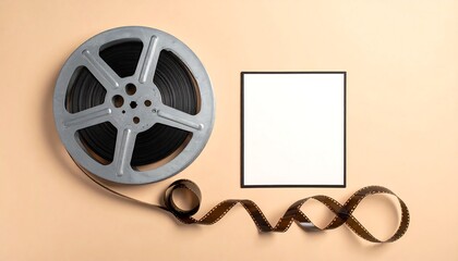 Fototapeta premium Film reel unwinding beside a blank frame on a soft peach background, creating a vintage and artistic vibe