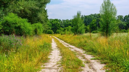 Fototapeta premium Dirt path winds through a vibrant summer meadow surrounded by lush green trees.