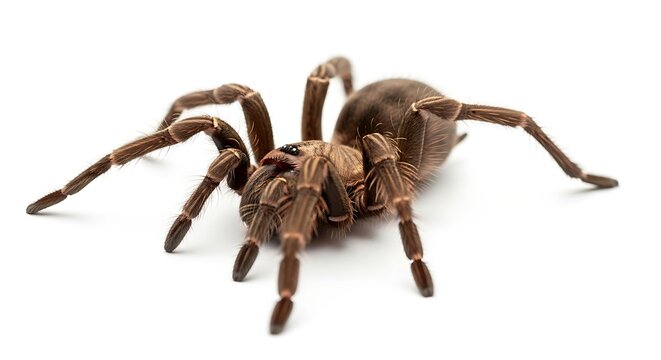 Large brown tarantula spider on a white background.