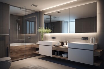 Fototapeta premium Contemporary bathroom featuring double vanity, floating cabinet, mirror, bathtub, and natural wood details