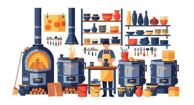 Pottery Studio Scene with Kilns and Potter Working.