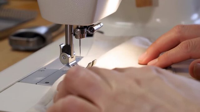 Silent Stitching By Careful Hands. Precision Sewing Performed By Attentive And Skilled Artisan Hands