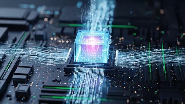 A glowing digital processor chip emitting streams of data on a circuit board