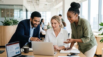 Diverse coworkers collaborating over laptop in modern office, smiling and sharing ideas during daylight meeting