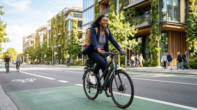 Young woman commuting by bicycle on sunny urban street with green buildings, bike lane, backpack and casual business outfit smiling as she rides confidently