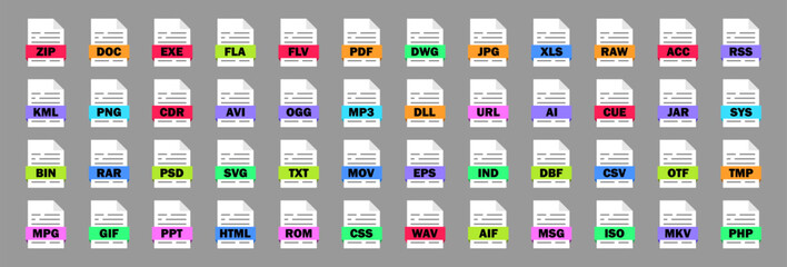 Naklejka na ściany i meble Colorful File Format Icons Set – Digital Document Extension Symbols Vector