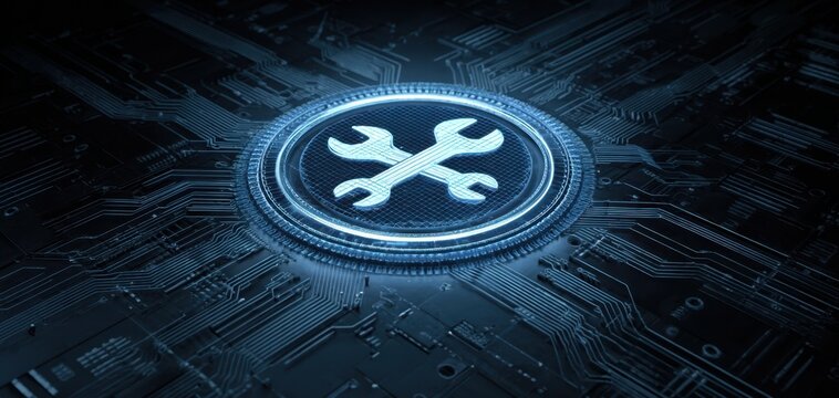 The Wrench Icon on a Futuristic Glowing Circuit Board Representing Digital Repair