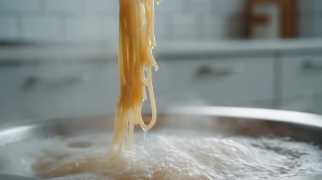 An Inviting Image Of Freshly Cooked Noodles Steam Rising From Boiling Broth In Cozy Kitchen Setting