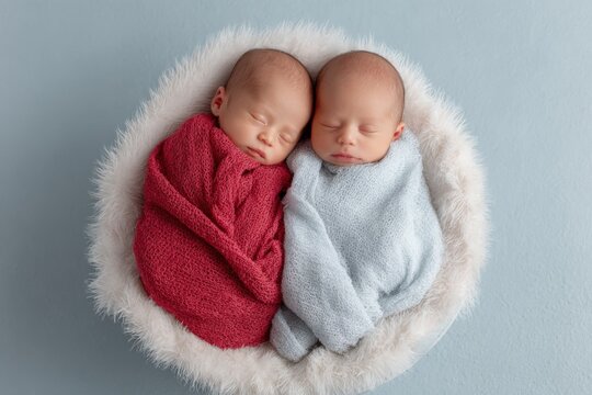 Sleeping male caucasian child twins swaddled in red and pale blue wraps in a round fur-lined basket newborn studio portrait top view peaceful siblings