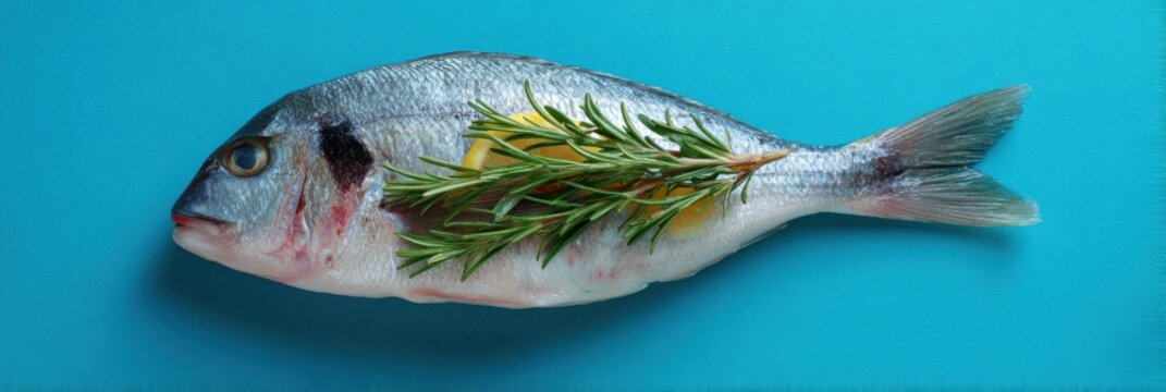 Fresh whole seabream with rosemary on blue background raw fish composition showing silvery scale texture and herb garnish for culinary preparation