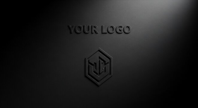Minimalist dark embossed logo mockup on a black background with textured effect, ideal for branding presentations and corporate identity showcases