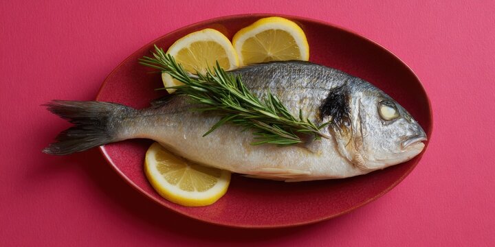 Grilled seabream with lemon and rosemary on red plate bold background simple garnish and citrus slices