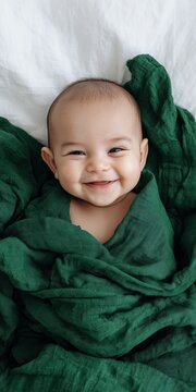 Smiling asian female baby wrapped in green muslin swaddle on white blanket newborn child portrait closeup happy expression