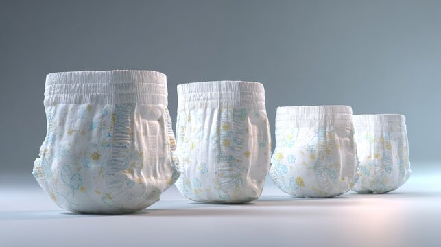 Baby diapers in a row on a light gray surface