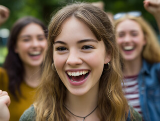 Fototapeta premium Happy young women cheering celebrating friendship outdoors