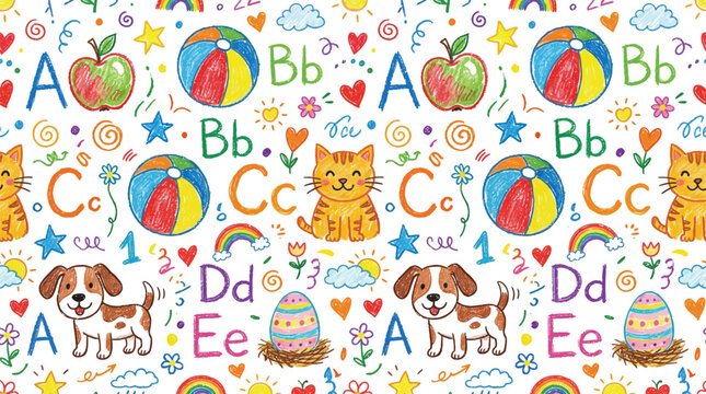 A colorful and playful alphabet pattern featuring cartoon animals and objects Ai, eps, jpg, transparent background, png