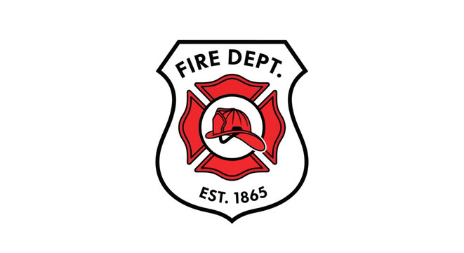 Fire department emblem with helmet and axe on white background